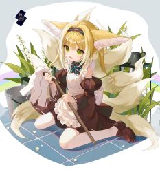 Rule 34 | 1girl, :d, alternate costume, animal ears, apron, arknights, blonde hair, blue ribbon, brown dress, brown footwear, brown sleeves, bucket, detached sleeves, dress, enmaided, flower, fox ears, fox girl, fox tail, frilled apron, frills, full body, green eyes, hair between eyes, highres, holding, infection monitor (arknights), juliet sleeves, kernel killer, kitsune, lily of the valley, loafers, long hair, long sleeves, maid, maid apron, multicolored hair, neck ribbon, open mouth, pantyhose, puffy sleeves, ribbon, shoes, sitting, sleeveless, sleeveless dress, smile, solo, streaked hair, suzuran (arknights), tail, tile floor, tiles, twintails, wariza, white apron, white flower, white hair, white pantyhose, wide sleeves
