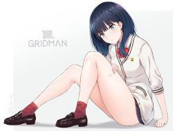 Rule 34 | 10s, 1girl, black hair, blouse, blue eyes, bow, bowtie, cardigan, collared shirt, commentary request, copyright name, from side, gradient background, grey background, gridman universe, hip focus, kanden sky, logo, long hair, miniskirt, pink background, red bow, red bowtie, red socks, shirt, simple background, sitting, skirt, socks, solo, ssss.gridman, takarada rikka, thighs, white shirt