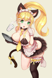Rule 34 | 1girl, :d, ahoge, alternate costume, animal ears, apron, arched back, bare shoulders, between breasts, black thighhighs, blonde hair, blush, bow, breasts, cat ears, cat tail, cleavage, covered erect nipples, enarane, enmaided, fake animal ears, frilled thighhighs, frills, gloves, green eyes, large breasts, leaning forward, lia (soccer spirits), long hair, looking at viewer, maid, maid headdress, milk, necktie, open mouth, ponytail, scratching cheek, single thighhigh, sleeveless, smile, soccer spirits, solo, spill, suggestive fluid, tail, tail bow, tail ornament, thighhighs, tray, waist apron, white gloves, yellow bow, yellow necktie