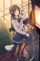 Rule 34 | 1girl, backlighting, bag, bicycle, bicycle basket, black pantyhose, bow, bowtie, breasts, brown hair, bush, crop top, dripping, from above, hair ornament, hairclip, hand up, heart, highres, holding, holding hair, lamppost, medium breasts, menu board, midriff, midriff peek, night, orange eyes, original, outdoors, pantyhose, parted lips, pistachiocream, pleated skirt, rain, sailor collar, school bag, school uniform, see-through, see-through silhouette, serafuku, sidelocks, skirt, solo, standing, storefront, water, wet, wet clothes, wet hair, window