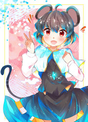 Rule 34 | 1girl, animal ears, blush, capelet, commentary request, cowboy shot, crystal, grey hair, grey skirt, grey vest, hair between eyes, highres, jewelry, long sleeves, looking at viewer, mouse ears, mouse girl, mouse tail, nazrin, notice lines, open mouth, pendant, pink background, ra mun5239, red eyes, shirt, short hair, skirt, skirt set, smile, solo, tail, touhou, v, vest, white capelet, white shirt