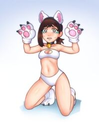 Rule 34 | 1girl, absurdres, animal ears, animal hands, bandeau, bell, black collar, black hairband, breasts, brown eyes, brown hair, cat ears, chainsaw man, cleavage, cleavage cutout, clothing cutout, collar, commentary, english commentary, fake animal ears, gloves, hair ornament, hairband, hairclip, higashiyama kobeni, highres, kirtome, kneeling, medium breasts, mole, mole under eye, mole under mouth, multiple moles, navel, neck bell, panties, paw gloves, paw pose, paw shoes, ponytail, single sidelock, solo, sweat, tears, underwear, white bandeau, white footwear, white gloves, white panties