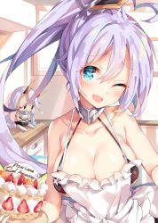Rule 34 | 1girl, ahoge, apron, azur lane, bare shoulders, blue eyes, blush, breasts, cake, character doll, cleavage, day, fang, food, heart, heart-shaped pupils, heart ahoge, highres, holding, holding tray, indianapolis (azur lane), indoors, kitchen, large breasts, long hair, looking at viewer, one eye closed, open mouth, oppai loli, ponytail, portland (azur lane), purple hair, side ponytail, skin fang, smile, symbol-shaped pupils, tray, unacchi (nyusankin), very long hair, white apron, window