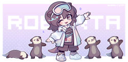 Rule 34 | 1girl, ;d, animal ears, arknights, blush, brown eyes, brown hair, chibi, commentary, full body, goggles, goggles on head, jacket, looking at viewer, one eye closed, open clothes, open jacket, open mouth, otter, otter ears, otter tail, roberta (arknights), sharktuna, shoes, short hair, smile, solo, standing, t-pose, tail, white footwear, white jacket