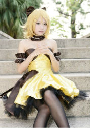 Rule 34 | 1girl, aku no musume (vocaloid), bare shoulders, cosplay, dress, female focus, kagamine rin, lowres, nature, photo (medium), plant, sitting, solo, tagme, vocaloid