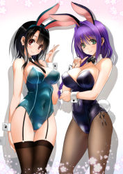 Rule 34 | 2girls, adapted costume, animal ears, bare shoulders, black hair, black legwear, blue eyes, blue leotard, blush, bow, bowtie, braid, breasts, cleavage, commentary request, covered navel, crossover, detached collar, fake animal ears, finger to face, fishnet legwear, fishnets, flower, garter straps, gluteal fold, kanon, kantai collection, large breasts, leotard, lips, long hair, looking at viewer, mature female, minase akiko, mitarashi kousei, multiple girls, necktie, pantyhose, playboy bunny, purple hair, purple leotard, rabbit ears, rabbit tail, red eyes, revision, short hair, side-tie leotard, sidelocks, single braid, smile, tail, takao (kancolle), thighhighs, wrist cuffs