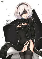 Rule 34 | 1girl, arms behind back, black dress, black gloves, black hairband, black ribbon, black thighhighs, blindfold, breasts, character name, cleavage, cleavage cutout, closed mouth, clothing cutout, copyright name, covered eyes, covered navel, cowboy shot, dress, gloves, hair over one eye, hairband, highres, juliet sleeves, konata (knt banri), legs together, leotard, long sleeves, medium breasts, mole, mole under mouth, nier (series), nier:automata, petals, pink lips, puffy sleeves, ribbed dress, ribbon, short dress, short hair, side slit, skin tight, smile, solo, standing, thighhighs, turtleneck, weapon, white hair, white leotard, wind, 2b (nier:automata)