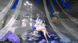 Rule 34 | 1girl, :o, alternate costume, apple caramel, blue eyes, blue flower, blue footwear, blue hair, blue rose, bow, bow earrings, breasts, character name, choker, commentary, copyright name, crossed legs, cup, curtains, dress, drinking glass, earrings, english commentary, flower, full body, gloves, hair flower, hair intakes, hair ornament, halo, high heels, highres, holding, holding cup, hololive, hololive english, jewelry, lamp, large breasts, legs, looking at viewer, mechanical halo, necklace, open mouth, ouro kronii, plunging neckline, purple flower, rose, short dress, short hair, single glove, sitting, solo, stairs, strapless, strapless dress, thick thighs, thighs, virtual youtuber, water, white dress, white veil, wide shot
