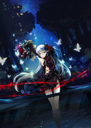 Rule 34 | 1girl, absurdres, blue eyes, blurry, bouquet, bug, butterfly, depth of field, dress, flower, hair flower, hair ornament, highres, insect, long hair, mikoto kei, night, open mouth, original, partially submerged, rose, silver hair, sky, smile, solo, sparkle, standing, star (sky), starry sky, tree, wading, water