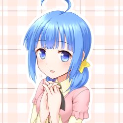 Rule 34 | 1girl, :d, ahoge, black ribbon, blue eyes, blue hair, blunt bangs, blush, checkered background, close-up, collared shirt, faubynet, hair ornament, interlocked fingers, long sleeves, looking at viewer, matching hair/eyes, md5 mismatch, open mouth, original, parted lips, pink vest, resolution mismatch, ribbon, shirt, sidelocks, simple background, smile, solo, source smaller, star (symbol), star hair ornament, upper body, vest, yellow shirt
