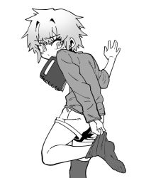 Rule 34 | 1boy, blush, from behind, greyscale, highres, jeong sana, looking back, male focus, monochrome, mouth hold, parkgee, shorts, simple background, sketchbook, socks, solo, suicide boy, white background