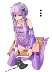Rule 34 | ..., 1girl, bad id, bad twitter id, bare shoulders, breasts, brown eyes, collarbone, controller, detached sleeves, dress, full body, game console, game controller, hair ornament, highres, low twintails, parted lips, purple dress, purple hair, purple thighhighs, shio pasta, short dress, short hair with long locks, sitting, small breasts, solo, strapless, strapless dress, striped clothes, striped thighhighs, sweat, thighhighs, tube dress, twintails, vertical-striped clothes, vertical-striped thighhighs, vocaloid, voiceroid, xbox, yokozuwari, yuzuki yukari
