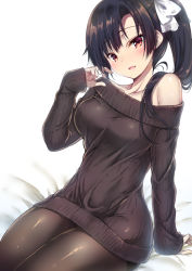 Rule 34 | 1girl, arm support, black hair, blush, bow, breasts, brown eyes, brown pantyhose, brown sweater, collarbone, hair bow, large breasts, long hair, long sleeves, looking at viewer, off-shoulder sweater, off shoulder, open mouth, original, pantyhose, sanshoku amido, side ponytail, sidelocks, sitting, sleeves past wrists, smile, solo, sweater, white bow