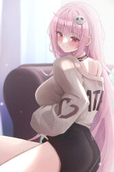 Rule 34 | 1girl, absurdres, ass, black shorts, blush, breasts, brown sweater, cable knit, clothes writing, hair ornament, highres, hololive, hololive english, indoors, large breasts, long hair, long sleeves, looking at viewer, looking back, mofu07519, mori calliope, neck tattoo, pink eyes, pink hair, short shorts, shorts, single bare shoulder, sitting, skull hair ornament, solo, sweater, tattoo, very long hair, virtual youtuber