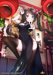 Rule 34 | 1girl, ahoge, bare shoulders, black dress, bracelet, breast press, breasts, brown hair, brown thighhighs, bug, butterfly, china dress, chinese clothes, chinese lantern, closed mouth, company name, copyright name, cowboy shot, dress, elbow gloves, fingernails, flower, gloves, hair flower, hair ornament, hair ribbon, hands up, heart, heart-shaped pupils, highres, indoors, insect, jewelry, kanola u, leaf, leg up, long hair, looking at viewer, medium breasts, pelvic curtain, plant, qurare magic library, ribbon, side slit, solo, sparkle, standing, standing on one leg, strapless, strapless dress, symbol-shaped pupils, symmetrical docking, tassel, thighhighs, turtleneck, twintails, very long hair, white gloves, yellow ribbon