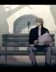 Rule 34 | 10s, 1boy, bench, blonde hair, blue eyes, blue jacket, bomber jacket, bouquet, denim, flower, highres, imasan, jacket, jeans, keith goodman, letterboxed, male focus, pants, shoes, short hair, sitting, sneakers, solo, tiger &amp; bunny