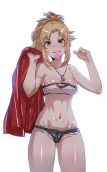 Rule 34 | 1girl, bare shoulders, blonde hair, bow (bhp), breasts, cleavage, condom, condom in mouth, condom wrapper, denim, denim shorts, fate/apocrypha, fate (series), green eyes, jewelry, mordred (fate), mordred (fate/apocrypha), mordred (memories at trifas) (fate), mouth hold, navel, necklace, short hair, short shorts, shorts, simple background, solo, thighs, white background