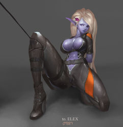 Rule 34 | 00s, 1girl, ankle boots, arms behind back, bdsm, belt, blonde hair, blue eyes, blue lips, blue skin, bodysuit, bondage, boots, bound, breasts, cleavage, collarbone, colored skin, dungeon and fighter, elf, eyeshadow, flower, full-length zipper, gluteal fold, hair flower, hair ornament, high heel boots, high heels, highres, huge breasts, kneeling, large breasts, lipstick, long hair, looking to the side, makeup, midfinger, navel, on one knee, pointy ears, restrained, sharan (dungeon and fighter), skin tight, solo, spread legs, unzipped, wet, zipper
