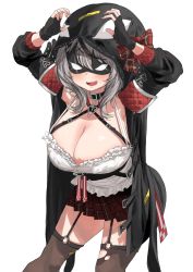 Rule 34 | 1girl, animal hood, arms up, black collar, black jacket, blush, breasts, cleavage, collar, cowboy shot, eye mask, fang, fingerless gloves, garter straps, gloves, grey hair, heart, heart o-ring, highres, hololive, hood, hood up, huge breasts, jacket, leaning forward, long sleeves, looking at viewer, megame (okbnkn), miniskirt, open clothes, open jacket, open mouth, orca hood, plaid, plaid skirt, sakamata chloe, sakamata chloe (1st costume), simple background, skirt, solo, thighhighs, virtual youtuber, white background