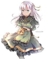 Rule 34 | 1girl, alternate costume, aqua eyes, blush, closed mouth, dress, feet out of frame, folding fan, green dress, hand fan, highres, holding, holding fan, kantai collection, kukimaru, long hair, long sleeves, maestrale (kancolle), silver hair, simple background, smile, solo, twitter username, white background