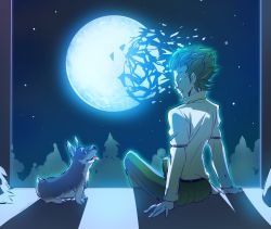Rule 34 | 1boy, bartholomew oobleck, broken moon, commentary request, forest, glasses, green hair, iesupa, moon, nature, pants, rwby, sitting, tongue, tongue out, welsh corgi, zwei (rwby)