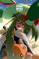 Rule 34 | 1girl, bandaged arm, bandages, biting, biting hair, black pants, black shirt, blue sky, brown eyes, cacnea, cape, commentary request, creatures (company), cropped shirt, double bun, echo (circa), flygon, from below, game freak, gen 3 pokemon, green hair, ground miku (project voltage), hair between eyes, hair bun, hair in another&#039;s mouth, hatsune miku, headpat, long hair, midriff, nintendo, open mouth, outdoors, pants, pokemon, pokemon (creature), project voltage, sand, shirt, sky, teeth, trapinch, twintails, upper teeth only, very long hair, vocaloid, white cape