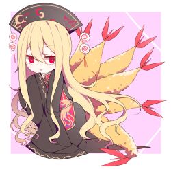 Rule 34 | 1girl, bing zizi, blonde hair, chinese clothes, food, hat, junko (touhou), kamaboko, long hair, looking at viewer, multiple tails, narutomaki, red eyes, shrimp, sleeves past wrists, solo, tabard, tail, touhou, very long hair, wide sleeves