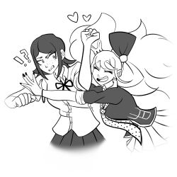 Rule 34 | 2girls, black bow, black hair, black nails, black ribbon, black shirt, black skirt, bow, bowtie, closed eyes, danganronpa: trigger happy havoc, danganronpa (series), enoshima junko, exclamation mark, female focus, fingernails, freckles, glomp, greyscale, hair bow, hair ornament, hair tie, hand up, heart, highres, hug, ikusaba mukuro, incest, looking at another, looking to the side, monochrome, multicolored necktie, multiple girls, nail polish, neck ribbon, neckerchief, necktie, open mouth, outstretched arms, pleated skirt, polka dot necktie, question mark, rabbit hair ornament, ribbon, shirt, short sleeves, siblings, simple background, sisters, skirt, teeth, tongue, twincest, twins, twintails, upper body, upper teeth only, white background, white neckerchief, white shirt, white skirt, yuri