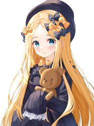 Rule 34 | 1girl, abigail williams (fate), bad id, bad pixiv id, black bow, black dress, black hat, blonde hair, blue eyes, blush, bow, closed mouth, commentary, dress, fate/grand order, fate (series), forehead, hair bow, hat, highres, hugging object, long hair, long sleeves, looking at viewer, multiple hair bows, nri, orange bow, parted bangs, simple background, sleeves past fingers, sleeves past wrists, smile, solo, stuffed animal, stuffed toy, teddy bear, upper body, very long hair, white background