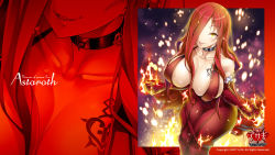 Rule 34 | 00s, 1girl, astaroth (taimanin asagi), bare shoulders, breasts, cleavage, dated, dress, female focus, fire, full body, highres, large breasts, lilith-soft, long hair, looking at viewer, magic, naughty face, no bra, official art, official wallpaper, potion (moudamepo), red hair, shiny skin, sideboob, smile, solo, taimanin (series), taimanin asagi, taimanin asagi kessen arena, tattoo, wallpaper, yellow eyes