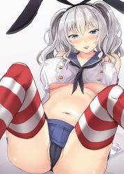 Rule 34 | 1girl, animal ears, black panties, blue eyes, blue skirt, blush, breasts, buttons, collarbone, cosplay, covered erect nipples, elbow gloves, fake animal ears, gin&#039;ichi (akacia), gloves, gradient background, kantai collection, kashima (kancolle), kneehighs, large breasts, looking at viewer, medium hair, midriff, miniskirt, navel, panties, parted lips, pleated skirt, sailor collar, shimakaze (kancolle), shimakaze (kancolle) (cosplay), silver hair, simple background, sitting, skirt, socks, solo, striped clothes, striped socks, striped thighhighs, thighhighs, thong, twintails, underboob, undersized clothes, underwear, white gloves