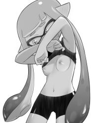 Rule 34 | 1girl, armpits, bike shorts, blunt bangs, breasts, clothes lift, domino mask, greyscale, highres, inkling girl, inkling player character, lifting own clothes, mask, monochrome, navel, nintendo, nipples, organ rn, pointy ears, shirt lift, simple background, small breasts, splatoon (series), sports bra, tentacle hair, twintails, white background