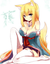 Rule 34 | 1girl, animal ear fluff, animal ears, aoi (naomi), bare shoulders, blonde hair, blue eyes, blush, breasts, cleavage, detached sleeves, fox ears, fox tail, hutaba aoi, large breasts, long hair, looking at viewer, nanashin naomi, original, sitting, skirt, solo, tail, thighhighs, very long hair, white thighhighs