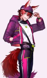 Rule 34 | 1boy, amagi rinne, animal ears, aqua eyes, commentary request, earrings, ears through headwear, ensemble stars!, fake animal ears, fox boy, fox ears, fox tail, from side, grin, hair between eyes, hat, high-waist pants, highres, hood, hooded jacket, jacket, jewelry, koi koi cafe (ensemble stars!), layered clothes, looking at viewer, male focus, multicolored clothes, multicolored jacket, multicolored pants, oshirase, pants, pink jacket, pink pants, purple jacket, red hair, short hair, slit pupils, smile, solo, standing, suspenders, tail, upper body, white background