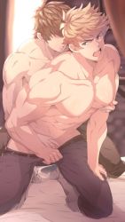 Rule 34 | 2boys, abs, bara, bed, black pants, blonde hair, boots, brown hair, brown pants, clothes pull, couple, covering crotch, covering privates, grabbing, grabbing from behind, gran (granblue fantasy), granblue fantasy, groping, hair between eyes, hand on another&#039;s crotch, kneeling, large pectorals, looking at another, male focus, mazjojo, multiple boys, muscular, muscular male, nipple stimulation, nipple tweak, nipples, on bed, open mouth, paid reward available, pants, pants pull, pectoral grab, pectorals, short hair, thigh boots, thighhighs, topless male, vane (granblue fantasy), yaoi