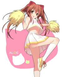 Rule 34 | 1girl, :d, aloe, aloe (quiz magic academy), animal ears, animal print, blush, blush stickers, brown hair, cat ears, cat print, character name, cheerleader, from side, kantoku, kneehighs, long hair, looking at viewer, no panties, open mouth, pom pom (cheerleading), quiz magic academy, shoes, skirt, smile, sneakers, socks, solo, standing, standing on one leg, twintails, white socks