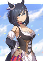 Rule 34 | 1girl, absurdres, animal ears, arms behind back, black hair, blue eyes, breasts, choker, cleavage, closed mouth, confetti, detached sleeves, eishin flash (umamusume), from side, german clothes, hair between eyes, hair ornament, hair ribbon, highres, horse ears, horse girl, horse tail, looking at viewer, medium breasts, medium hair, pen, ribbon, ryochan96154, scrunchie, smile, solo, sweat, tail, umamusume