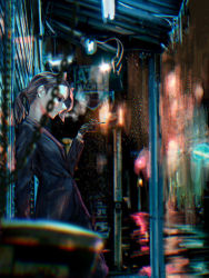 Rule 34 | 1girl, absurdres, animal ears, black gloves, black jacket, blurry, blurry foreground, brown hair, cat ears, chromatic aberration, cigarette, closed mouth, commentary request, feet out of frame, formal, from side, gloves, highres, holding, holding cigarette, jacket, long hair, long sleeves, night, original, outdoors, ponytail, profile, rain, smoking, solo, suit, suit jacket, yuu akine