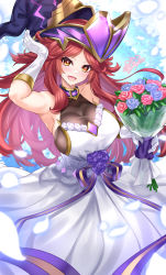 Rule 34 | 1girl, absurdres, adjusting clothes, adjusting headwear, alternate costume, blue flower, blue rose, bouquet, breasts, cleavage, collar, commission, dress, duel monster, flower, gloves, hat, highres, holding, holding bouquet, large breasts, long hair, looking at viewer, nez-box, red hair, rose, signature, skindentation, smile, solo, summon sorceress, very long hair, white dress, white gloves, witch hat, yellow eyes, yu-gi-oh!
