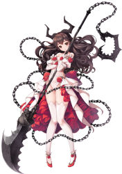 Rule 34 | 1girl, bare shoulders, blush, breasts, brown hair, chain, detached sleeves, elbow gloves, flower, frilled sleeves, frills, full body, gloves, hair between eyes, head tilt, high heels, highres, holding, holding weapon, horns, koflif, leotard, lips, long hair, looking at viewer, original, parted lips, polearm, red eyes, red flower, red footwear, red rose, rose, shadow seven, simple background, skull, small breasts, solo, standing, thighhighs, weapon, white background, white gloves, white leotard, white thighhighs