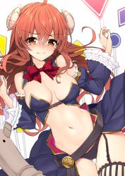Rule 34 | 1girl, ahoge, bare shoulders, belt, black thighhighs, blush, bow, bowtie, breasts, cameltoe, cleavage, closed mouth, commentary request, detached collar, detached sleeves, dutch angle, frilled sleeves, frills, garter straps, gluteal fold, highres, horns, long hair, long sleeves, looking at viewer, machikado mazoku, medium breasts, navel, orange eyes, red bow, red bowtie, red hair, revealing clothes, road sign, shuutou haruka, sign, smile, solo, stomach, striped clothes, striped thighhighs, tearing up, tears, thigh gap, thighhighs, v-shaped eyebrows, vertical-striped clothes, vertical-striped thighhighs, very long hair, w arms, waist cape, white background, yoshida yuuko (machikado mazoku)