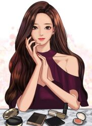 Rule 34 | 1girl, arms up, blush, brown eyes, brown hair, closed mouth, hand up, lim jugyeong, long hair, looking at viewer, makeup, official art, sitting, sitting on person, smile, true beauty, very long hair, white background