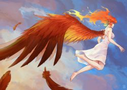 Rule 34 | 1girl, backless dress, backless outfit, bare arms, bare legs, bare shoulders, barefoot, cloud, cloudy sky, commentary, dress, english commentary, feathered wings, feathers, fiery hair, flying, full body, green hair, hololive, hololive english, iskaydi, large wings, long hair, multicolored hair, orange hair, pink eyes, sky, solo, streaked hair, takanashi kiara, two-tone hair, virtual youtuber, white dress, wings