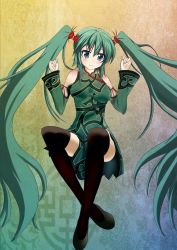 Rule 34 | 1girl, bad id, bad pixiv id, bare shoulders, china dress, chinese clothes, detached sleeves, dress, green eyes, green hair, hatsune miku, junk doppel, long hair, matching hair/eyes, project diva (series), project diva f, shoes, solo, thighhighs, twintails, very long hair, vocaloid, world&#039;s end dancehall (vocaloid)