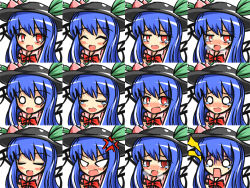 Rule 34 | 1girl, anger vein, angry, bad id, bad pixiv id, blue hair, blush, bow, despair, expressions, closed eyes, female focus, food, fruit, hat, hinanawi tenshi, kisaragi zwei, leaf, o o, open mouth, peach, short sleeves, tears, touhou