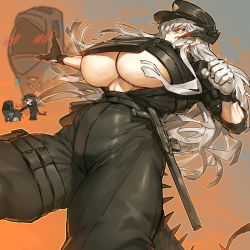 Rule 34 | 1boy, 1girl, alternate breast size, arknights, baton (weapon), belt, black belt, black gloves, black headwear, black pants, black shirt, blouse, blush, breasts, bulletproof vest, chibi, chibi inset, clenched hand, closed mouth, commentary request, doctor (arknights), dragon girl, dragon horns, dragon tail, from below, gloves, grey hair, hand up, hat, highres, horns, huge breasts, legs apart, long hair, long sleeves, looking away, melon22, narrow waist, official alternate costume, open clothes, open shirt, orange background, orange eyes, outstretched arm, outstretched hand, pants, police, police hat, police uniform, pouch, saria (arknights), saria (the law) (arknights), shirt, single glove, spanking, standing, tactical clothes, tail, thigh pouch, thigh strap, underboob, uniform, weapon, zoom layer