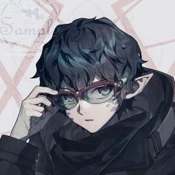 Rule 34 | 1boy, aluce, arknights, artist name, black hair, coat, unworn eyewear, faust (arknights), glasses, green eyes, hand on own face, holding, holding removed eyewear, looking at viewer, open mouth, original, pale skin, pointy ears, portrait, sample watermark, serious, short hair, signature, simple background, slit pupils, solo, standing, sunglasses, watermark