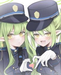 Rule 34 | 2girls, absurdres, black hat, black jacket, blue archive, buttons, double-breasted, earrings, fang, gloves, green hair, green halo, halo, hat, heart, heart hands, heart hands duo, hikari (blue archive), nozomi (blue archive), highres, jacket, jewelry, long hair, long sleeves, looking at viewer, multiple girls, naga (naga83972211), open mouth, parted lips, peaked cap, pointy ears, sidelocks, simple background, skin fang, smile, twintails, white background, white gloves, yellow eyes