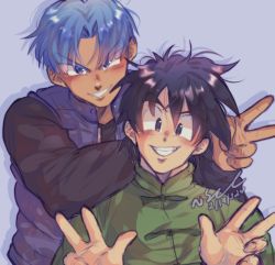 Rule 34 | 2boys, black hair, black shirt, blue eyes, blue hair, chinese clothes, double w, dragon ball, dragon ball super, dragon ball super super hero, elbow on another&#039;s shoulder, elbow rest, grin, highres, leaning on person, long sleeves, looking at viewer, messy hair, multiple boys, aged up, sara (dbzsenpai), shirt, short hair, sleeveless, sleeveless jacket, smile, son goten, tangzhuang, trunks (dragon ball), v, w