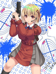 Rule 34 | 1girl, arms up, blonde hair, breasts, commentary request, dress, folded ponytail, gun, hair between eyes, hair ribbon, headset, holding, holding gun, holding weapon, kneehighs, long sleeves, looking at viewer, lycoris recoil, medium breasts, nishikigi chisato, parted lips, red dress, red eyes, red ribbon, ribbon, socks, solo, standing, tukino neru, two-handed, weapon